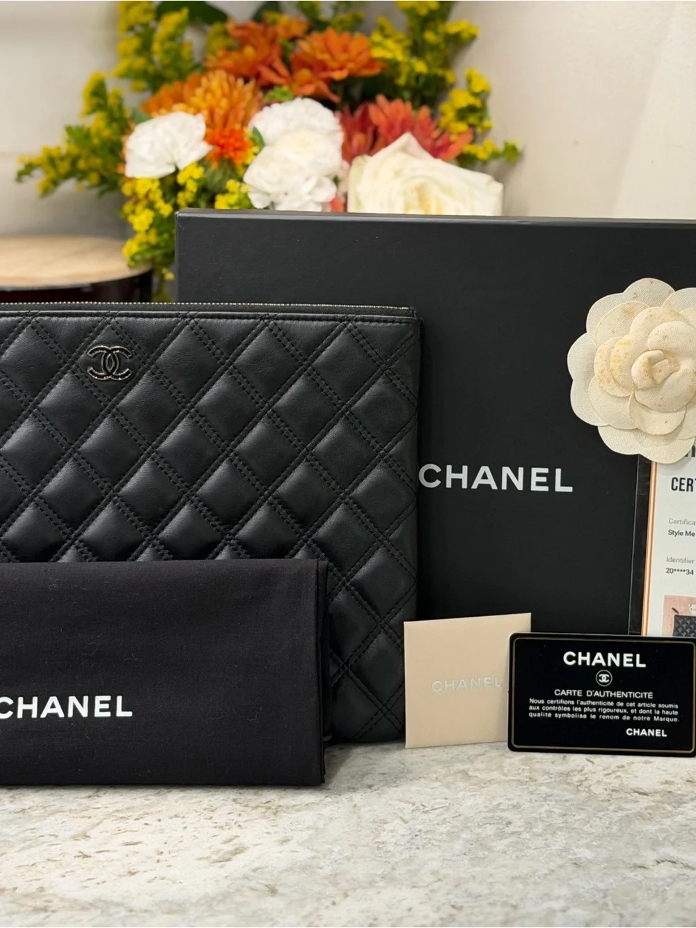 CHANEL Classic O-Case Quilted Pouch Black Lambskin Silver HW - Full Set